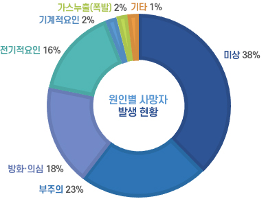 최근 10년간 주택화재 원인별 사망자 발생 현황 미상 38% 부주의 23% 방화,의심 18% 전기적요인 16% 기계적요인 2% 가스누출(폭발)2% 기타 1% 
